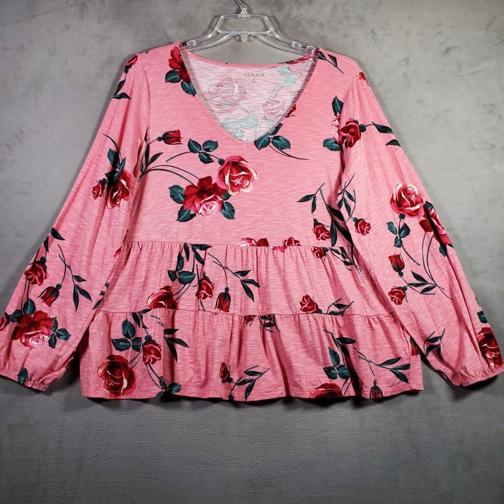 Torrid Top Womens 2XL Pink Floral Long Puff Sleeve Tiered Peplum Cottage Boho